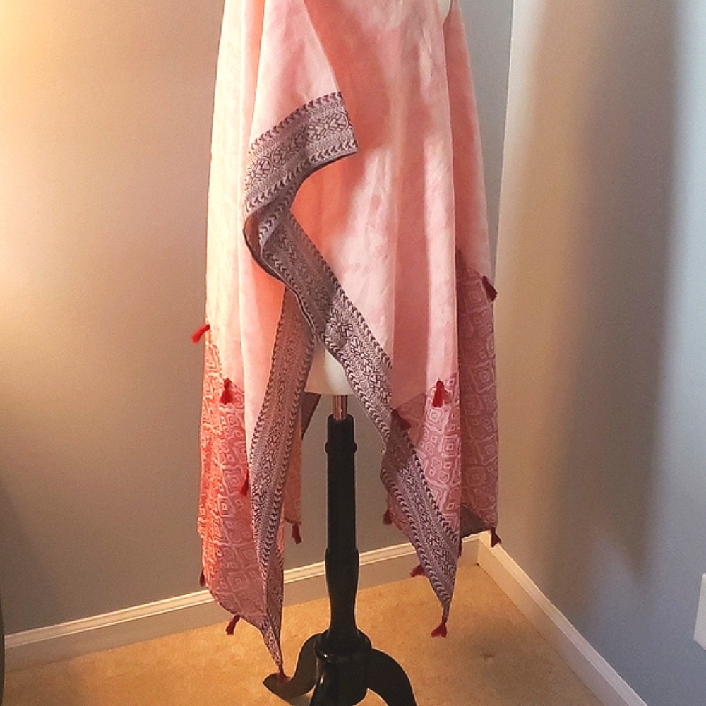 LONG BOHO DUSTER KIMONO SWIM COVER UP PINK RED BROWN PEACH AZTEC TASSLES… - Picture 4 of 7
